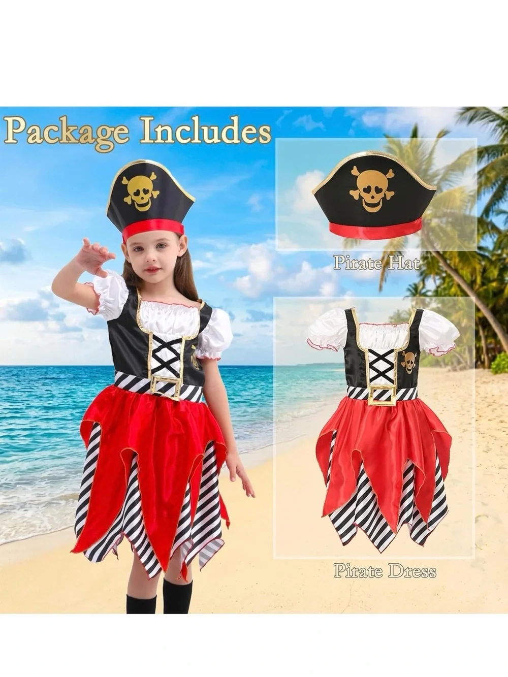 Kids Pirate Costume Dress - Red, Black & White